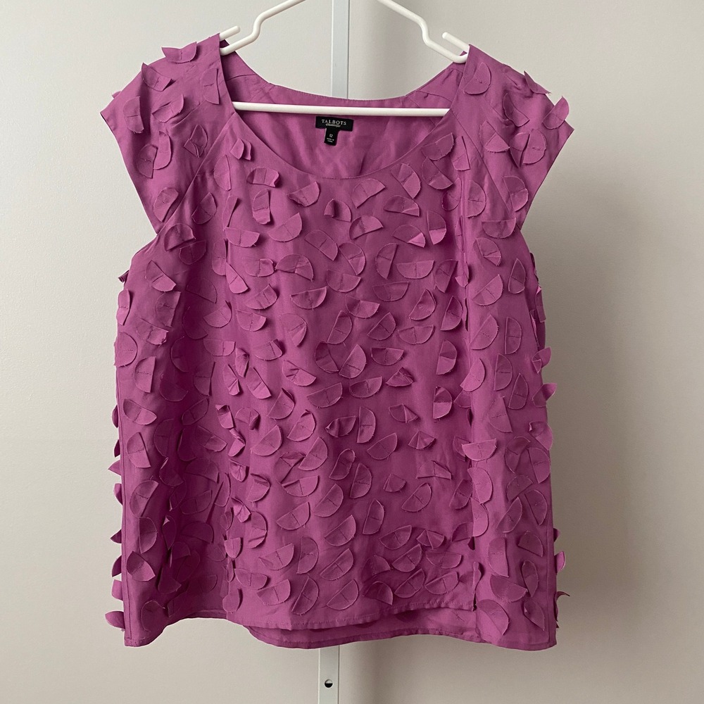 Talbots 100% Silk Quirky Ethereal Applique Scoop Neck Sleeveless Top 12 Purple